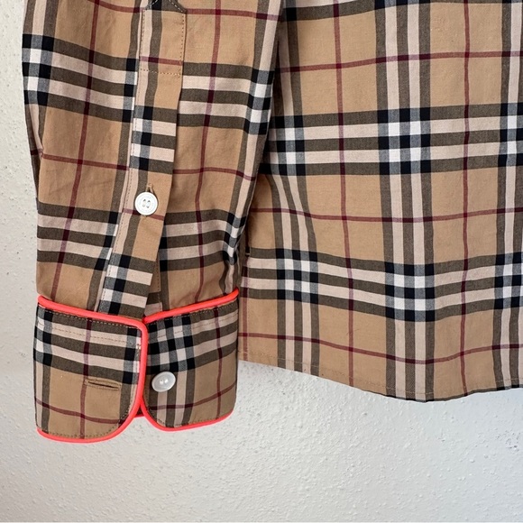 Burberry Tan Plaid Button-Up Shirt with Pink Trim Detail - Picture 6 of 13
